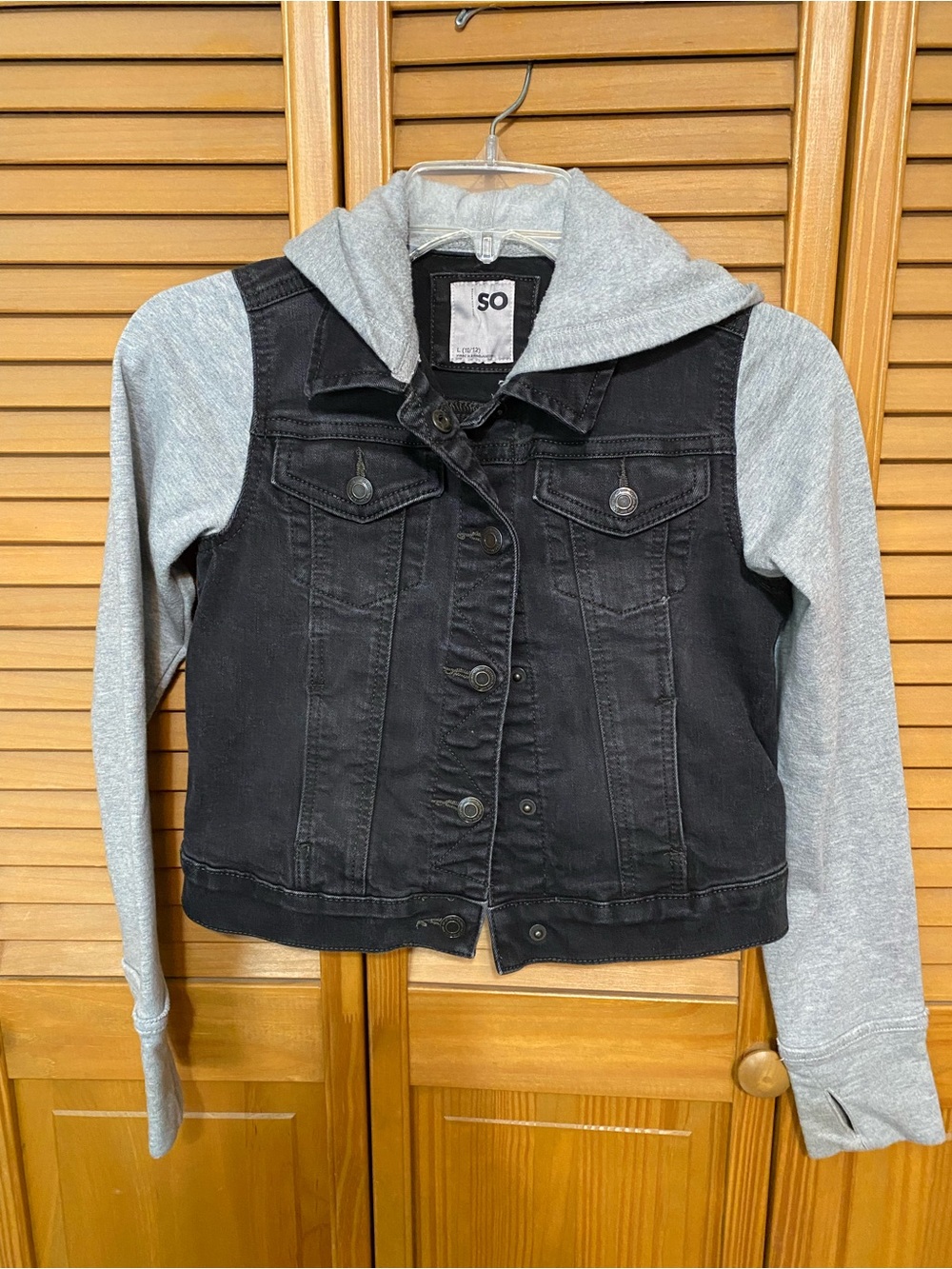 SO Black Denim Jacket with Gray Knit Hoodie Sleeves